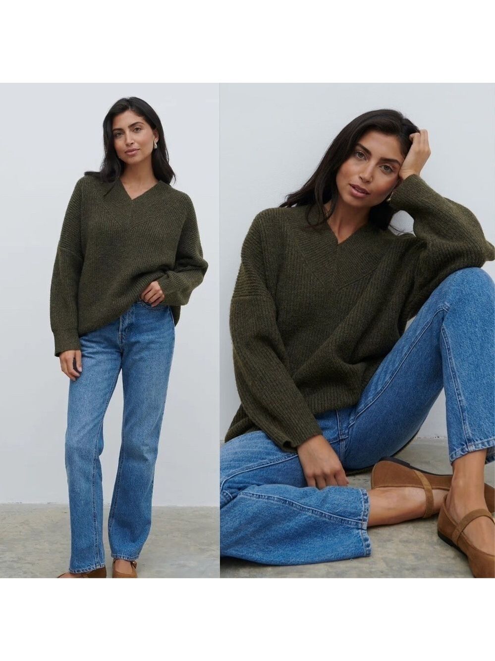 Pretty Lavish Jovie Oversized Rib Knit V Neck Sweater Olive Green